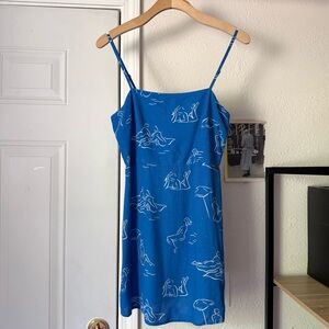 KITRI blue girl print viscose linen sleeveless spaghetti strap mini dress